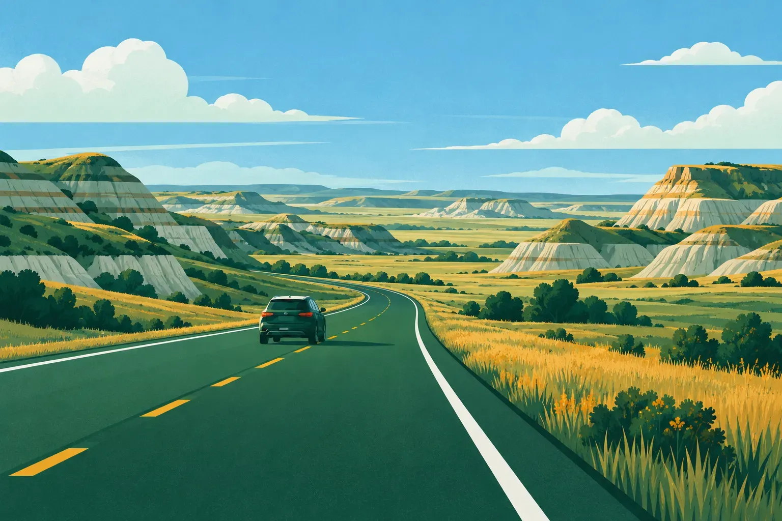 A highway through badlands and prairie, a typical landscape of North Dakota