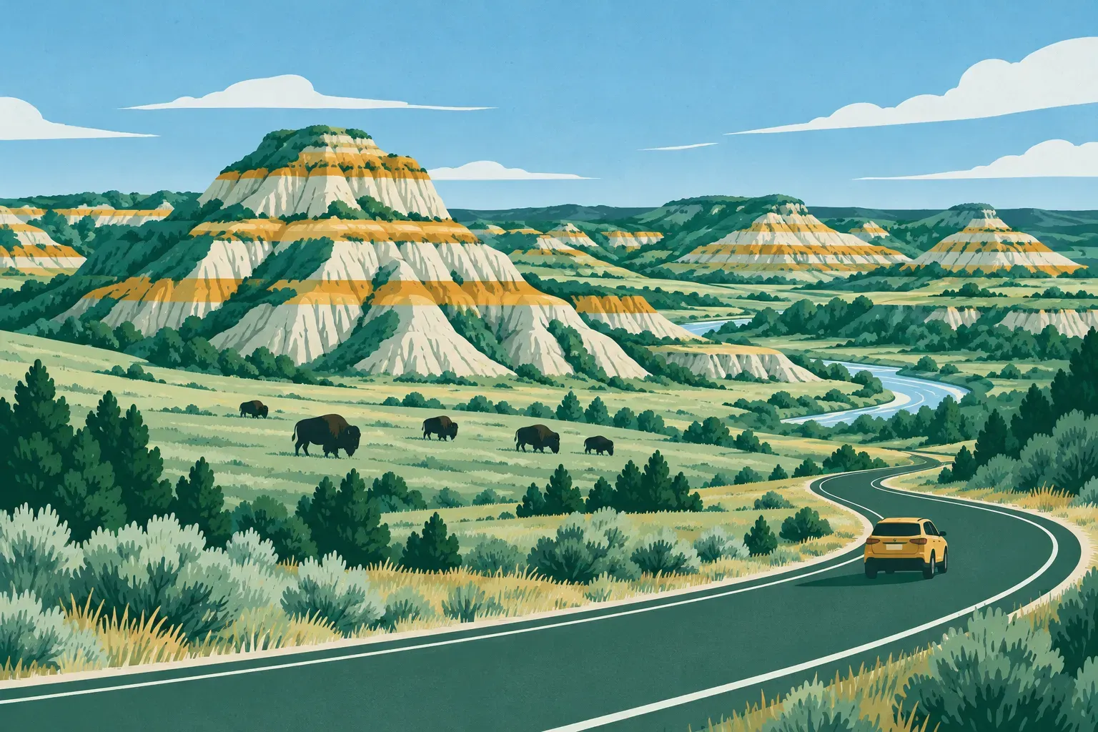 The painted badlands of Theodore Roosevelt National Park with bison, in North Dakota