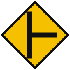 A yellow diamond showing a vertical black line with a shorter line joining it from the right